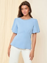 Friends Like These Blue Puff Sleeve Embellished Neck Trim Blouse - Image 2 of 5