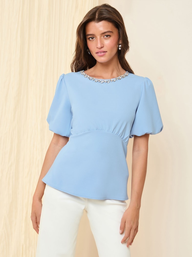 Azul - Friends Like These Puff Sleeve Embellished Neck Trim Blouse - Imagen 2 de 5 Azul - Friends Like These Puff Sleeve Embellished Neck Trim Blouse - Imagen 2 de 5