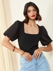 Friends Like These Black Square Neck Puff Sleeve Bodysuit - Image 1 of 4