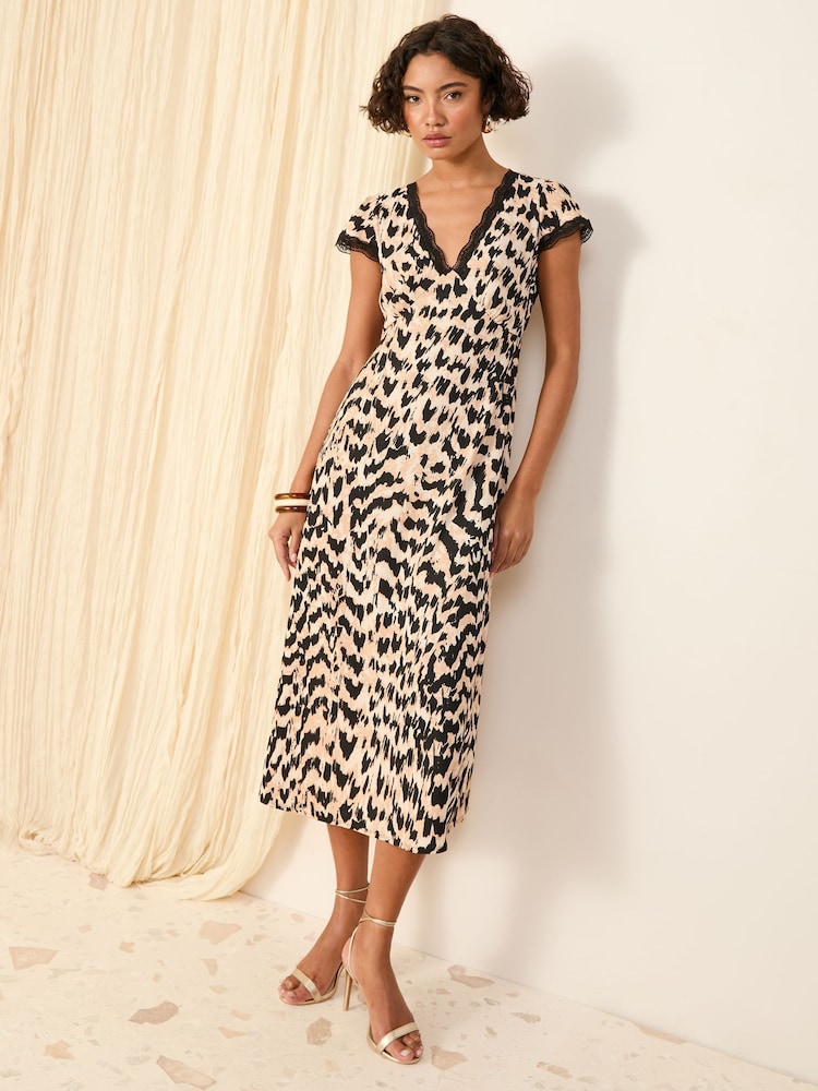 Friends Like These Brown Animal Print Textured V-Neck Lace Trim Midi Dress - Image 1 of 5