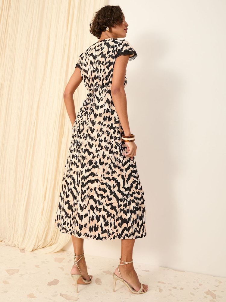 Friends Like These Brown Animal Print Textured V-Neck Lace Trim Midi Dress - Image 5 of 5
