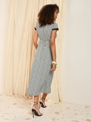 Friends Like These Black and White Spot Textured V-Neck Lace Trim Midi Dress - Image 4 of 4