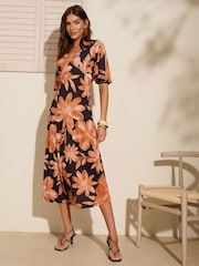 Friends Like These Orange Floral V-Neck ITY Flutter Sleeve Midi Dress - Image 3 of 5