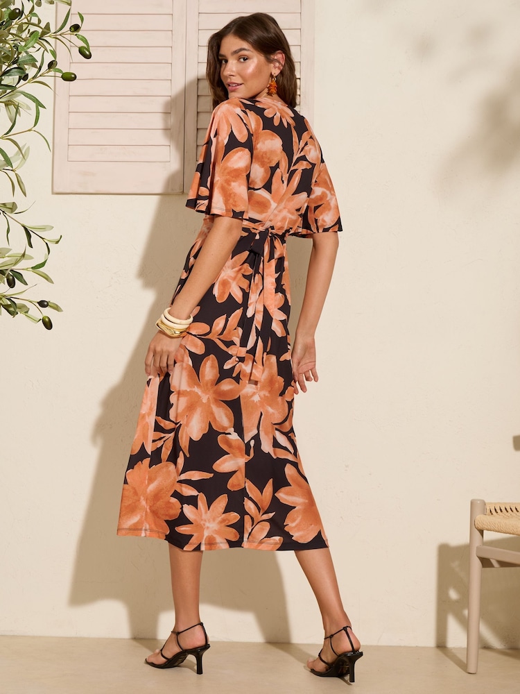 Friends Like These Orange Floral V-Neck ITY Flutter Sleeve Midi Dress - Image 5 of 5