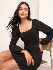 Friends Like These Black Long Sleeve Square Neck Mini Dress - Image 2 of 5
