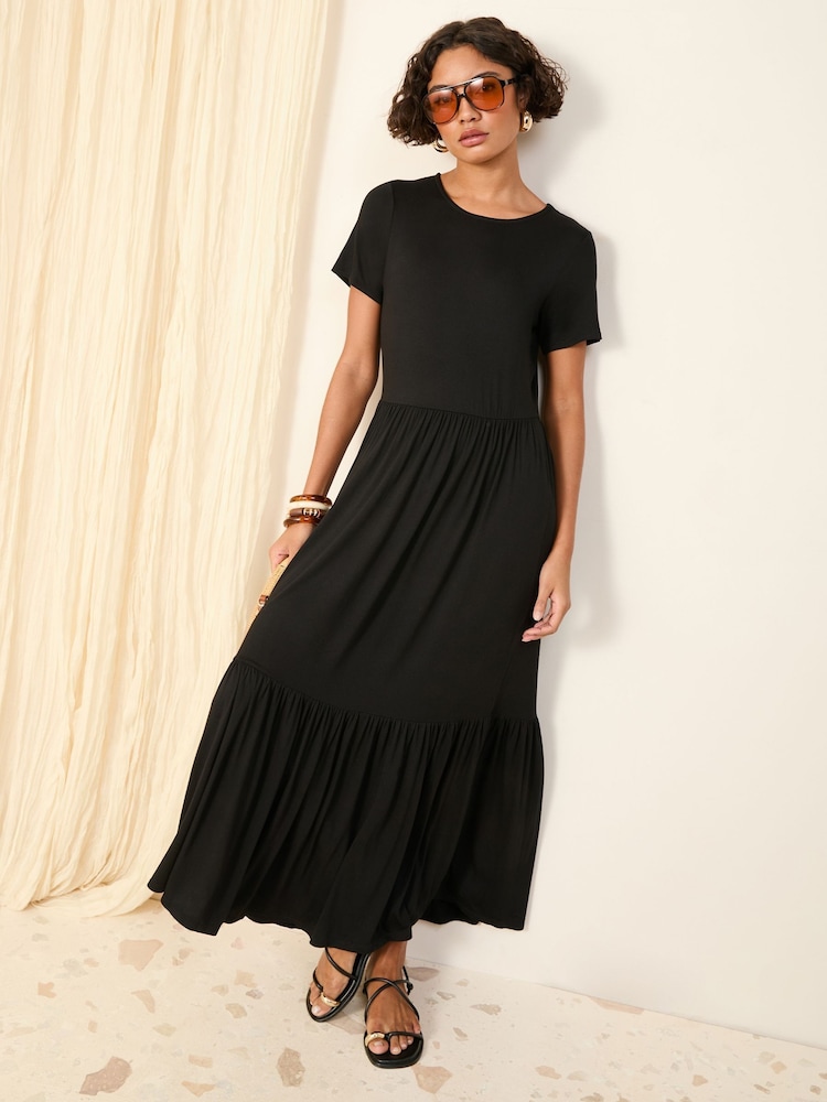 Friends Like These Black Short Sleeve Smock Tiered Maxi Dress - Image 1 of 5 Friends Like These Black Short Sleeve Smock Tiered Maxi Dress - Image 1 of 5