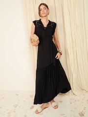 Friends Like These Black Short Frill Sleeve Broderie Jersey Midi Dress - Image 1 of 4