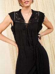 Friends Like These Black Short Frill Sleeve Broderie Jersey Midi Dress - Image 3 of 4