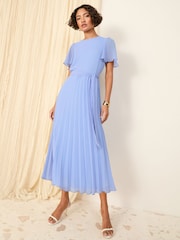 Friends Like These Pale Blue Angel Sleeve Chiffon Pleat Midi Dress - Image 3 of 4