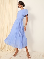 Friends Like These Pale Blue Angel Sleeve Chiffon Pleat Midi Dress - Image 4 of 4