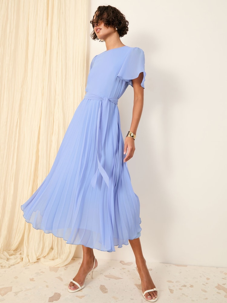Friends Like These Pale Blue Angel Sleeve Chiffon Pleat Midi Dress - Image 4 of 4