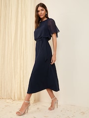 Friends Like These Navy Blue Scuba Chiffon Flutter Sleeve Midi Dress - Image 1 of 4