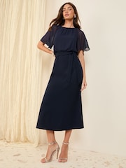 Friends Like These Navy Blue Scuba Chiffon Flutter Sleeve Midi Dress - Image 3 of 4