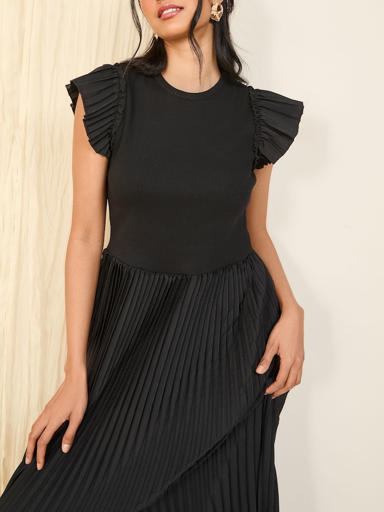 Friends Like These Black 2 In 1 Pleated Short Sleeve Midi Dress - Image 2 of 4