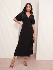 Friends Like These Black V-Neck ITY Flutter Sleeve Midi Dress - Image 1 of 4