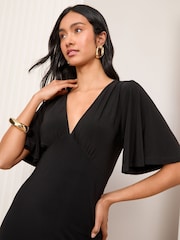 Friends Like These Black V-Neck ITY Flutter Sleeve Midi Dress - Image 2 of 4