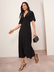 Friends Like These Black V-Neck ITY Flutter Sleeve Midi Dress - Image 3 of 4