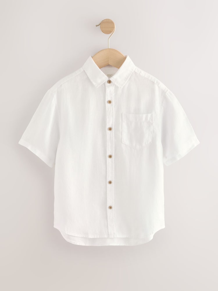 White Short Sleeve 100% Linen Shirt (3-16yrs) - Image 1 of 4 White Short Sleeve 100% Linen Shirt (3-16yrs) - Image 1 of 4