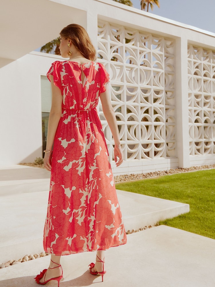 Friends Like These Red Floral Flutter Sleeve Empire Midi Dress - Image 5 of 5