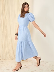 Friends Like These Pale Blue Puff Sleeve Tiered Hem Midi Dress - Image 1 of 4