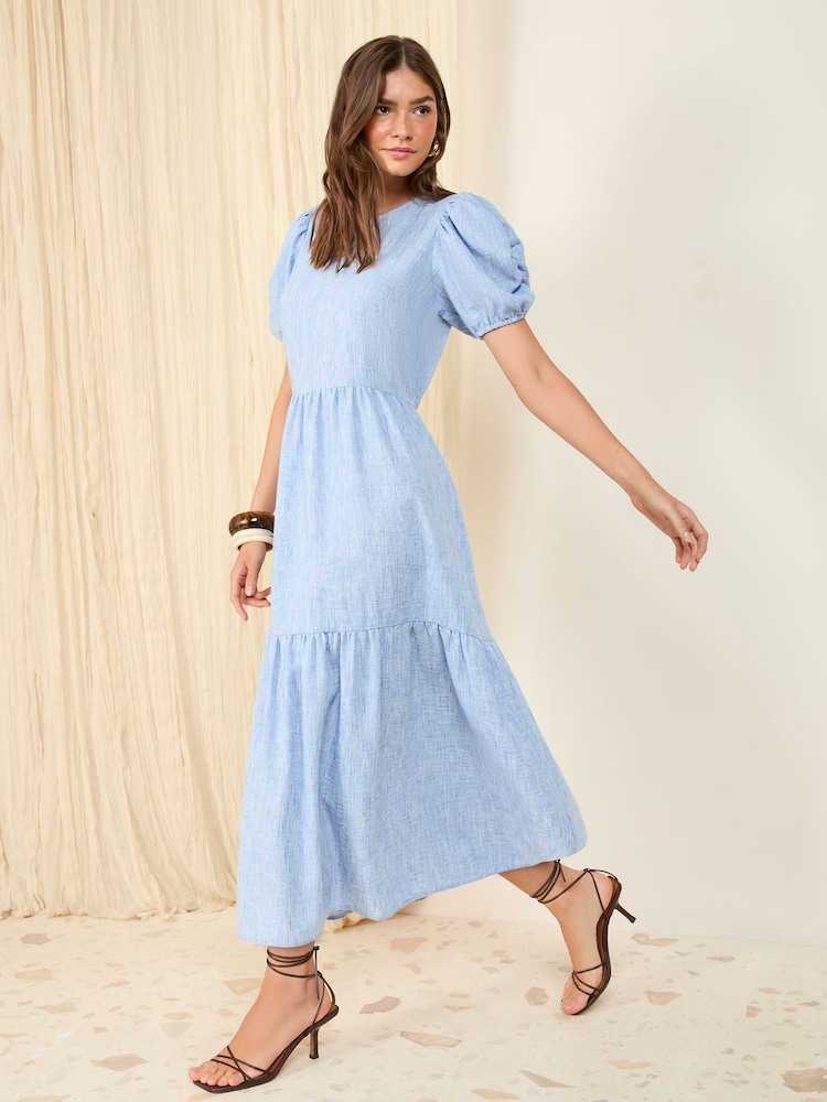 Friends Like These Pale Blue Puff Sleeve Tiered Hem Midi Dress - Image 1 of 4