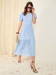Friends Like These Pale Blue Puff Sleeve Tiered Hem Midi Dress - Image 3 of 4