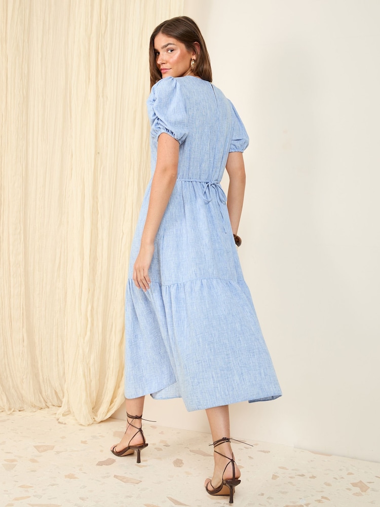 Friends Like These Pale Blue Puff Sleeve Tiered Hem Midi Dress - Image 4 of 4