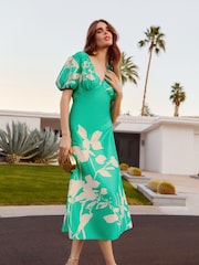 Friends Like These Green Floral V-Neck Satin Puff Sleeve Midi Dress - Image 1 of 5