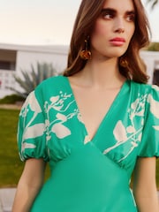 Friends Like These Green Floral V-Neck Satin Puff Sleeve Midi Dress - Image 4 of 5