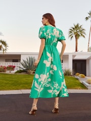 Friends Like These Green Floral V-Neck Satin Puff Sleeve Midi Dress - Image 5 of 5