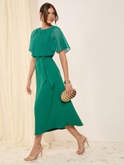 Friends Like These Green Scuba Chiffon Flutter Sleeve Midi Dress - Image 1 of 4