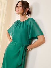 Friends Like These Green Scuba Chiffon Flutter Sleeve Midi Dress - Image 2 of 4