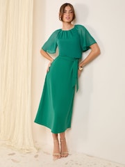 Friends Like These Green Scuba Chiffon Flutter Sleeve Midi Dress - Image 3 of 4