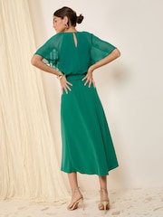 Friends Like These Green Scuba Chiffon Flutter Sleeve Midi Dress - Image 4 of 4