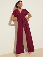 Friends Like These Berry Red Short Frill Sleeve Scuba Wrap Jumpsuit - Image 1 of 4