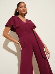 Friends Like These Berry Red Short Frill Sleeve Scuba Wrap Jumpsuit - Image 2 of 4