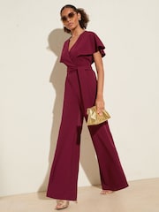 Friends Like These Berry Red Short Frill Sleeve Scuba Wrap Jumpsuit - Image 3 of 4