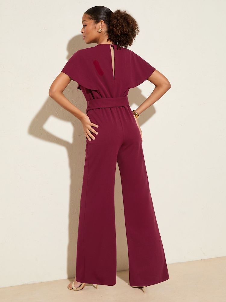 Friends Like These Berry Red Short Frill Sleeve Scuba Wrap Jumpsuit - Image 4 of 4