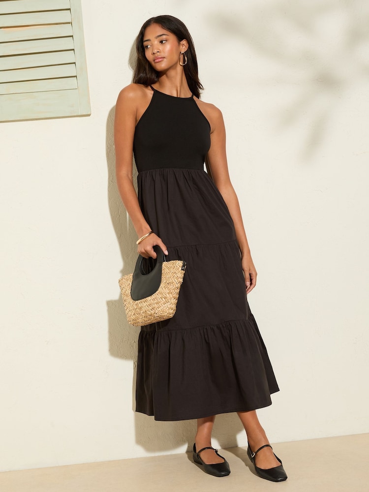 Friends Like These Black 2 in 1 Cotton Mix Racer Tiered Midi Dress - Image 1 of 4