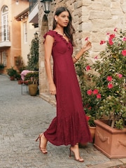 Friends Like These Berry Red Textured Frill V-Neck Tiered Maxi Dress - Image 1 of 5
