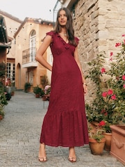 Friends Like These Berry Red Textured Frill V-Neck Tiered Maxi Dress - Image 3 of 5