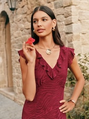 Friends Like These Berry Red Textured Frill V-Neck Tiered Maxi Dress - Image 5 of 5