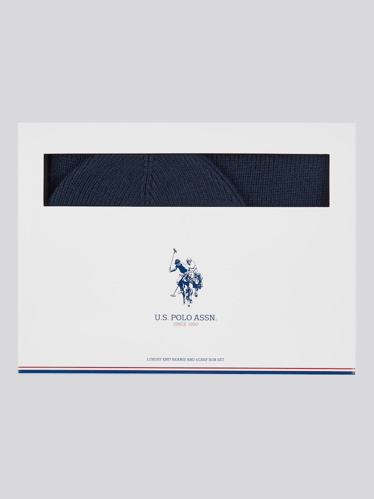 Синий - US Polo Assn. Мужской комплект из вязаной бини и шарфа в рубчик Winter - Изображение 1 из 4