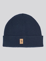 Синий - US Polo Assn. Мужской комплект из вязаной бини и шарфа в рубчик Winter - Изображение 2 из 4