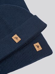 Синий - US Polo Assn. Мужской комплект из вязаной бини и шарфа в рубчик Winter - Изображение 4 из 4