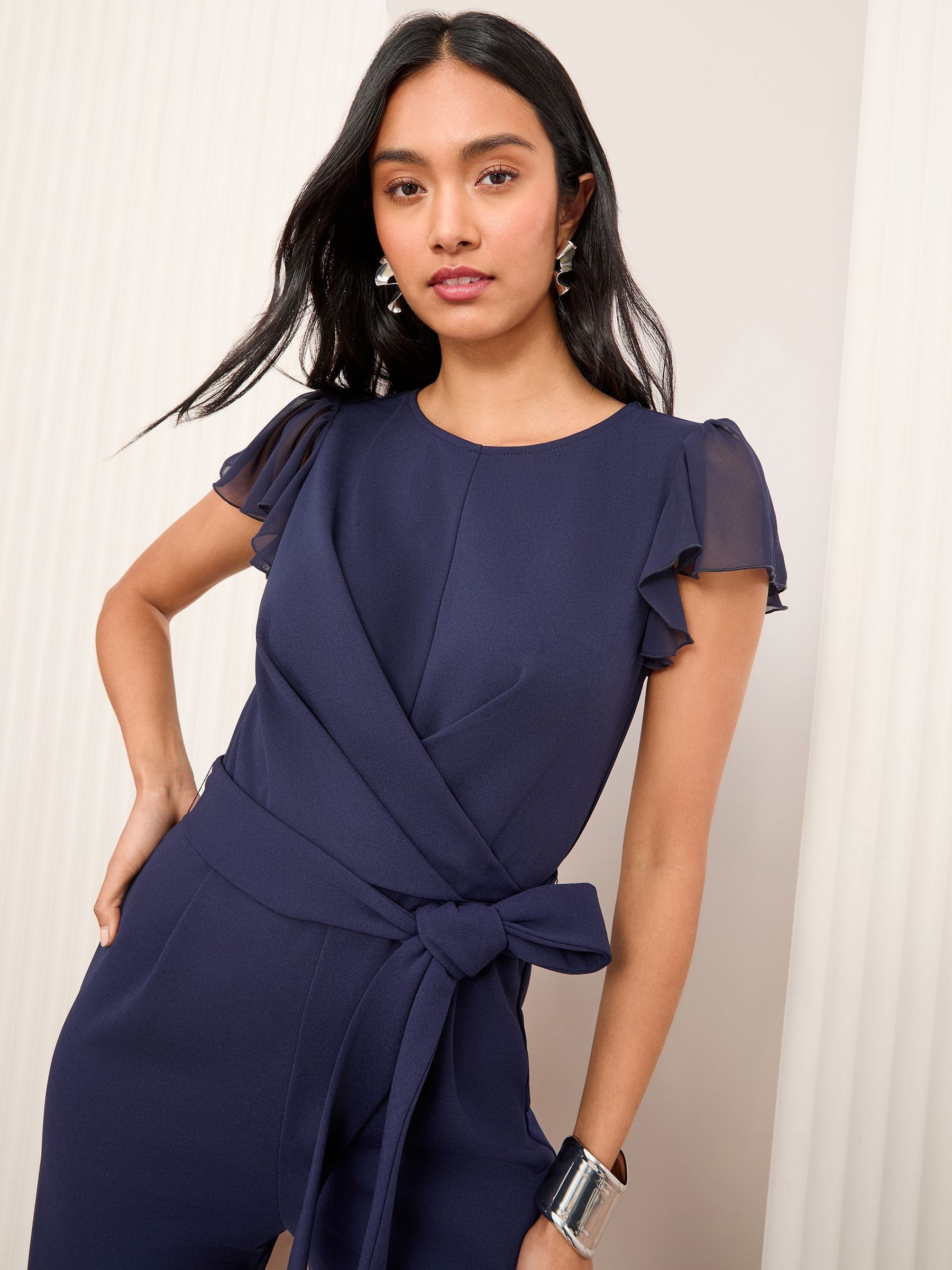 Buy Friends Like These Navy Blue Chiffon Scuba Wrap Front Jumpsuit