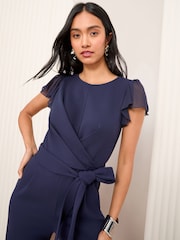 Friends Like These Navy Blue Chiffon Scuba Wrap Front Jumpsuit - Image 3 of 4