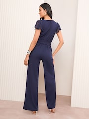 Friends Like These Navy Blue Chiffon Scuba Wrap Front Jumpsuit - Image 4 of 4
