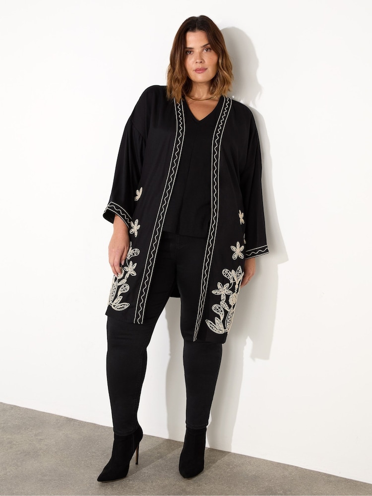 Live Unlimited Black Contrast Embroidery Kimono Jacket - Image 1 of 6