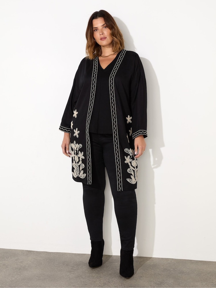 Live Unlimited Black Contrast Embroidery Kimono Jacket - Image 2 of 6